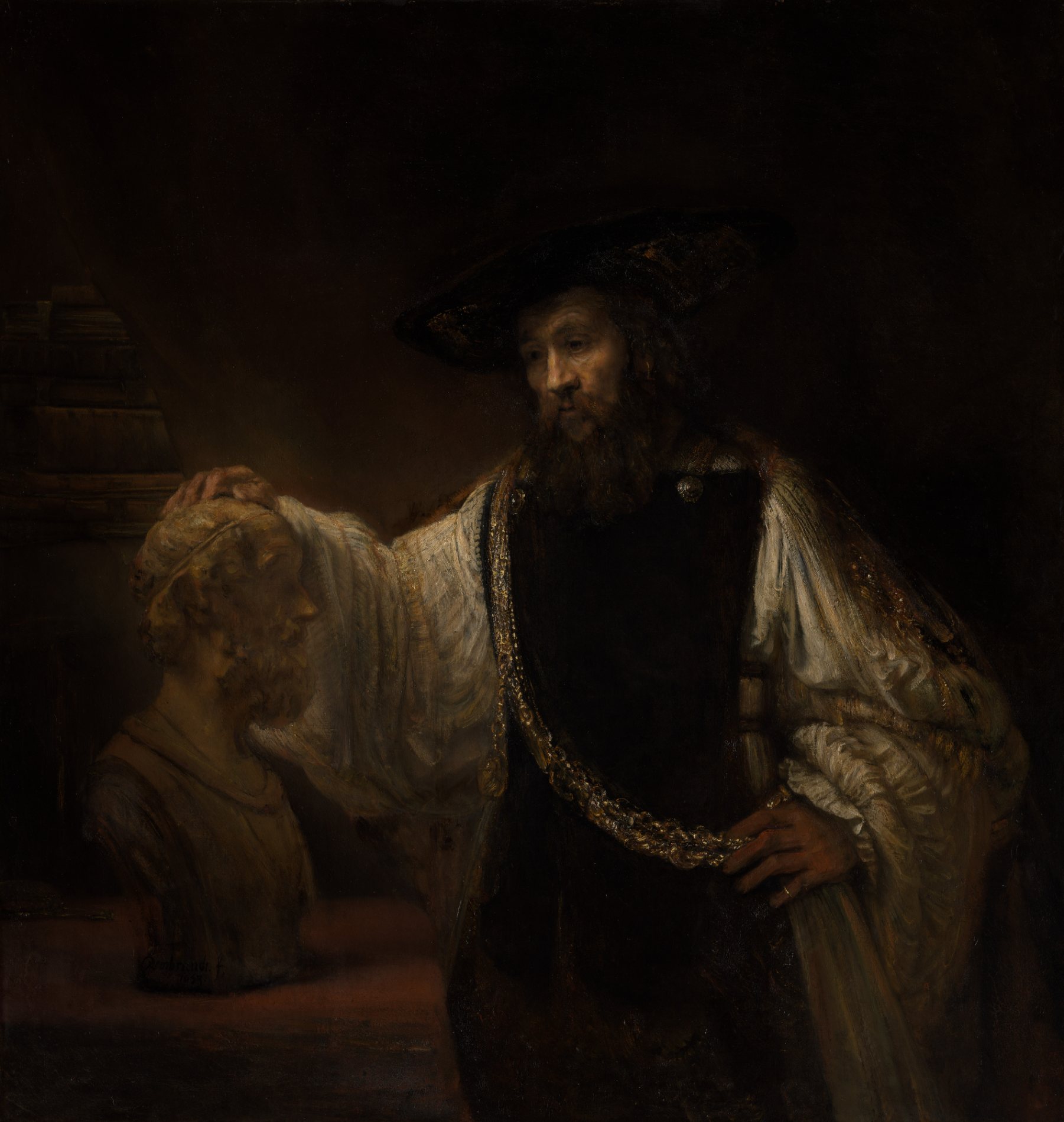 Rembrandt, Aristóteles con un busto de Homero: la mano sobre el mármol del poeta ciego