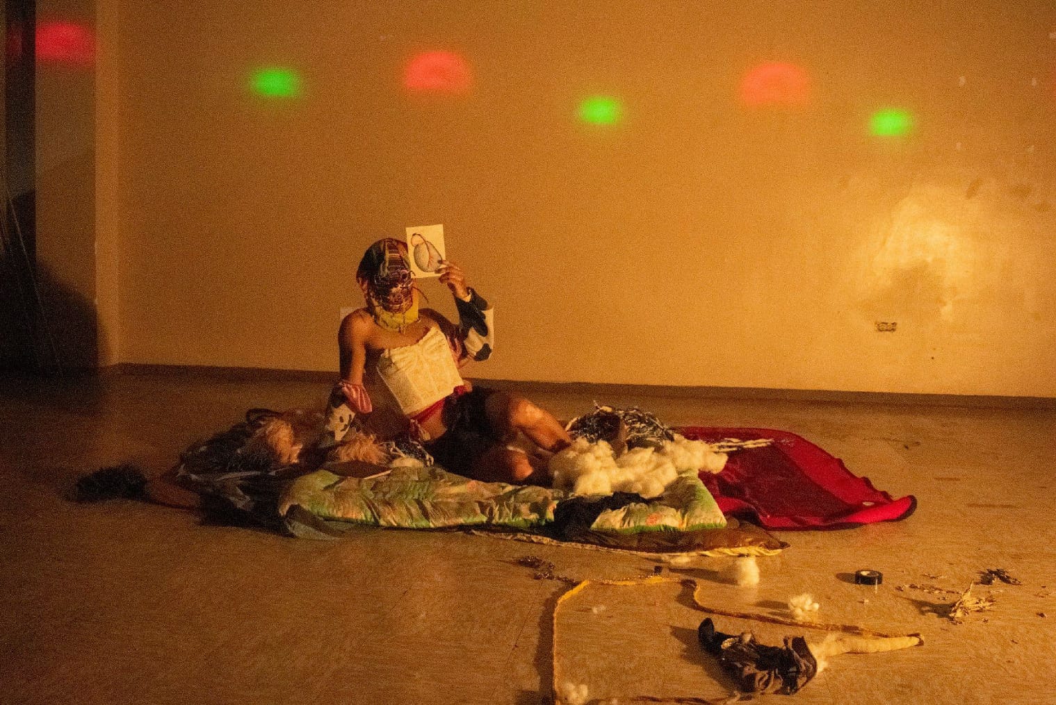Performance en una sala con luces rojas y verdes: una figura enmascarada sostiene una lámina sobre una manta en el suelo